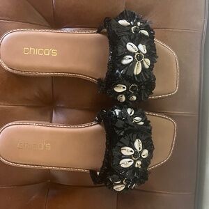 Chicos Seashell Embellished Raffia Slides